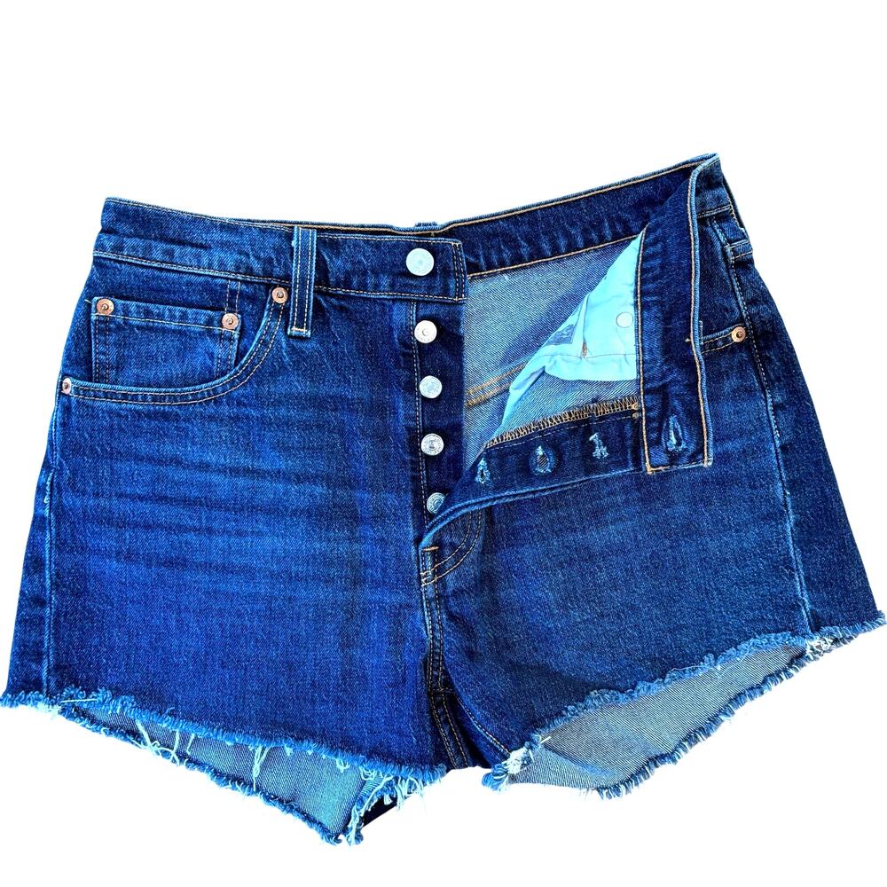 Levi's 501 High Rise Denim Jean Shorts Button Fly Raw Hem Cutoff Dark Wash, 29"